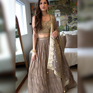 Beige & Gold Embellished Lehenga Set with Banarsi Dupatta