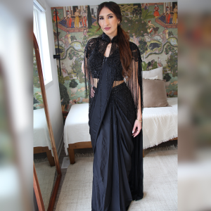 Black Drape Saree | Statement Stone-Work Blouse | Luxurious Cape
