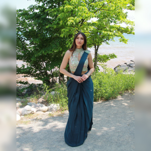 Blue Satin Pre-Draped Saree | Green Sequin Embroidered Blouse