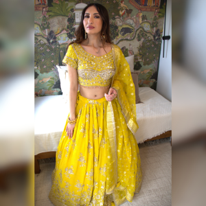 Yellow Mirror & Zari Lehenga Set with Banarsi Dupatta